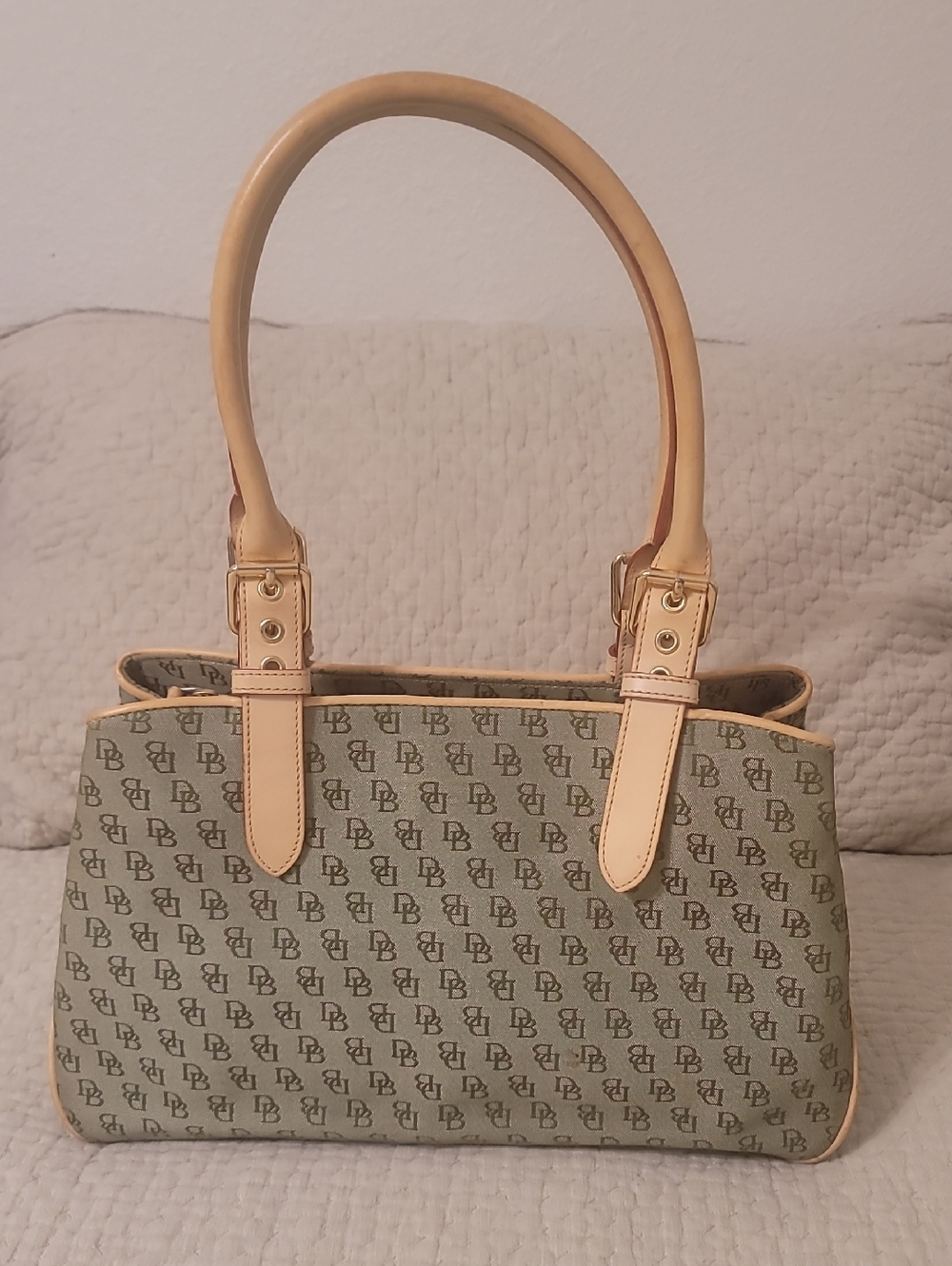 Green Patterned Satchel with Tan Trim